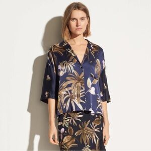 VINCE Women's Blouse Top Mixed Tropical Garden Button Front 100% Silk Size L